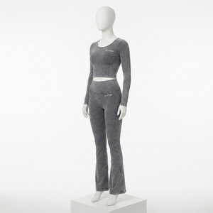 Women Gray Acid Wash Yoga <b>Set</b> <b>Long</b> <b>Sleeve</b> Crop Top High Waist Flare Leggings <b>Gym</b> Fitness Workout Activewear - Product Image 1