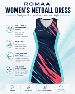 Vestido de Netball Personalizado en Azul Marino, Aqua y Coral, Sublimado, para Mujer, Sin Mangas, Cuello en V, Secado Rápido, Uniforme Deportivo de Alto Rendimiento - Product Image 3