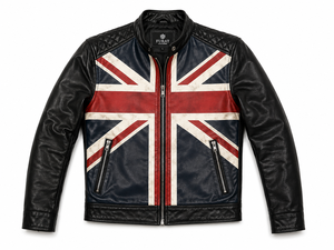OEM <b>Men's</b> Distressed <b>Leather</b> <b>Biker</b> <b>Jacket</b> with Stand Collar Zipper Closure Front Logo Custom Vintage <b>UK</b> Flag Printed for Autumn - Product Image 4