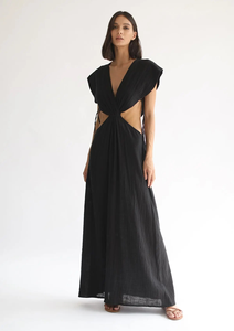 เดรสผ้าฝ้ายสีดำสำหรับผู้หญิง ทรงมิดิ คอวีลึก ตัดเย็บแบบโบโฮ ชายหาด เป็นมิตรกับสิ่งแวดล้อม ลายดอกไม้ พร้อมพู่ตกแต่ง - Product Image 6