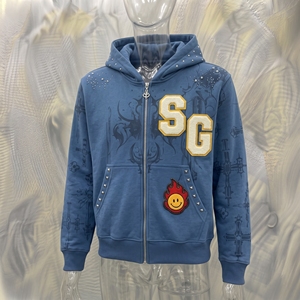 เสื้อฮู้ดซิปสีน้ำเงินสำหรับผู้ชาย ผ้าฝ้ายเฟรนช์เทอร์รี่ โลโก้ SG กระเป๋าปักเพชร สวมใส่สบายๆ สำหรับฤดูใบไม้ร่วง - Product Image 2
