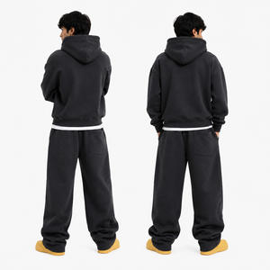 Ensemble de survêtement en molleton noir, sweat à capuche zippé, coupe ample, pantalon de survêtement à jambes larges, 2 pièces, pour homme, hiver, style streetwear, 100% coton, logo personnalisé - Product Image 2