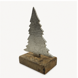 Handcrafted Silver Aluminium Cast Metal Christmas <b>Tree</b> With Solid Wooden Base Premium Rustic Holiday <b>Tabletop</b> Sculpture For Home - Product Image 5