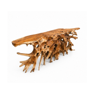 Table console ARTERRA en teck rustique de luxe avec finition naturelle transparente, design artistique de forme libre, meubles - Product Image 1