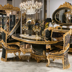 Juego de Comedor de Estilo Barroco Francés en Negro y Dorado, Muebles Antiguos de Alta Gama, Tallados a Mano, de Lujo, de Madera de Caoba Sólida y Duradera - Product Image 1