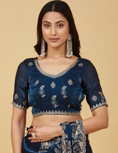 Sari de satén bordado estilo Bollywood KV (azul) - Product Image 5