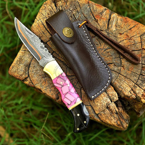 Premium Handmade Copper Damascus Steel Folding Knife Resin Horn Handle Back <b>Lock</b> Pocket Knife Outdoor Hunting Camping Knives - Product Image 5