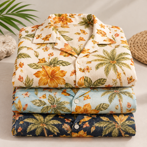 เสื้อเชิ้ตคอกลมทรงหลวมสำหรับผู้ชาย ผลิตจากผ้าฝ้ายยืดหยุ่น 100% พิมพ์ลายดอกไม้เขตร้อน แขนสั้น เหมาะสำหรับการไปเที่ยวชายหาดและสวมใส่ลำลอง - Product Image 1
