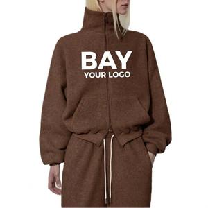 Custom White Fleece Tracksuit Set Full Zip <b>Stand</b> Collar Loose Fit With California Print Front Pocket Winter Wear for Adult - Product Image 2