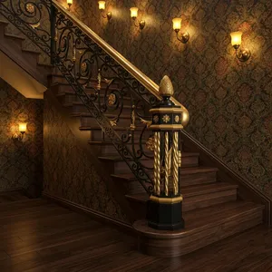 Rampe d'escalier de luxe en fer forgé noir et or avec balustrade en bois à motifs sculptés et poteau de décoration décoratif - Product Image 2