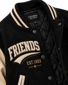<b>Men's</b> Varsity <b>Jacket</b> with Black body Cream <b>Leather</b> sleeves Embroidered Patch Design Preppy Style Autumn Wear Varsity <b>Jacket</b> - Product Image 2