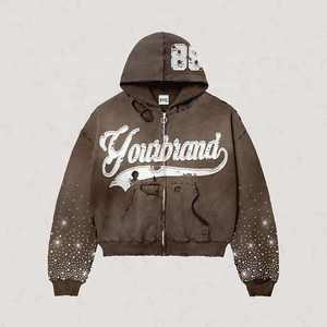 Sudadera con capucha personalizada con bordado de pedrería, estilo urbano, lavado ácido desgastado, vintage, corte holgado, 100% algodón, digital, invierno - Product Image 2