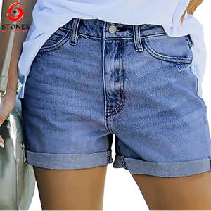 Regular Fit High Quality Breathable <b>Women</b> Denim Shorts <b>Turn</b>-<b>up</b> Hems Dark Blue 100% Cotton Wholesale Supply - Product Image 1