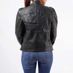 Veste moto en cuir véritable pour femme, manches longues, fermeture éclair, col montant, couleur unie, style automne - Product Image 5