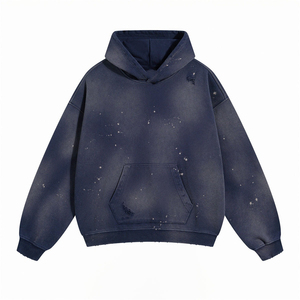 เสื้อฮู้ดดี้สตรีทแวร์แบบย้อมสีเอซิดสำหรับผู้ชาย สีดำล้วน 470gsm ผ้าเฟรนช์เทอร์รี่ สไตล์วินเทจ ย้อมสีเอซิดแบบทำเก่า เสื้อฮู้ดดี้ผ้าฝ้ายสำหรับผู้ชาย - Product Image 5