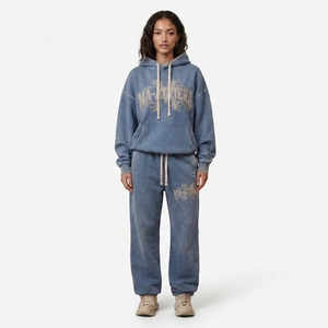 Custom <b>Women</b> Washed Blue Oversized Hoodie <b>Jogger</b> Set Cotton <b>Fleece</b> Streetwear Tracksuit OEM Wholesale - Product Image 1