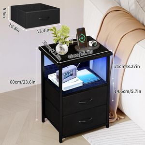 LED Nightstand with USB Ports Outlets and 2 Fabric Storage Drawers <b>Night</b> <b>Stand</b> with Charging Station PU Finish - Product Image 3