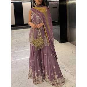 Ensemble de tenue de soirée élégante en tissu mousseline avec broderie lourde et sequins, taille XL, idéal pour mariage - Product Image 2