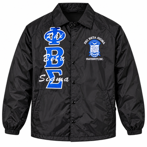 Veste coupe-vent noire pour homme Phi Beta Sigma avec lettres grecques brodées bleu roi et blanc, écusson de la fraternité, boutons pression - Product Image 3