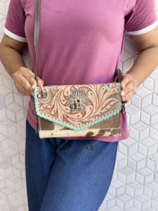 Hand Tooled Carving Leather Clutch Phone Case Stylish Cowhide <b>Fur</b> Unique Design Leather Turquoise Color Wallets for Women - Product Image 5