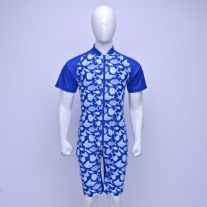 <b>Mens</b> One Piece Swimwear Short Sleeve Blue Fish Print UPF50+ Quick Dry Sportswear Zipper Front Spandex Polyester Swimmer Uniforms - Product Image 1