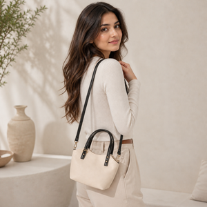 Elegant <b>Mini</b> Leather Tote <b>Bag</b> for Women with Detachable Strap | Two Tone Crossbody Shoulder Handbag Stylish Daily Use Purse - Product Image 2