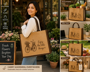 Bolsa de compras grande de yute marrón con diseño de bicicleta y flores, texto 'Enjoy The Little Things', asa superior, parte superior abierta - Product Image 5