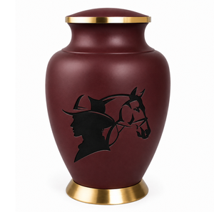 Urna Funeraria de Metal (Latón/Aluminio) con Grabado de Vaquero y Caballo, Color Negro y Marrón, Estilo Europeo Americano, para Cenizas Humanas - Product Image 2