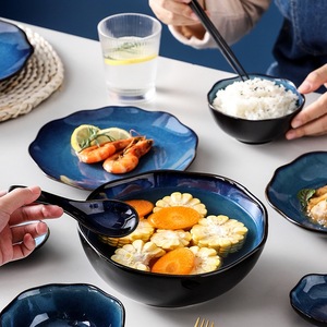 Meal set for 4-/6- person Retro Kiln <b>Firing</b> Cosmic Blue Unique Pattern Shape Glazed Porcelain Durable BpaFree dinnerware giftbox - Product Image 3