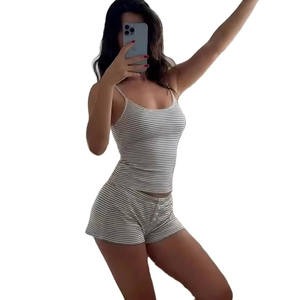 Spring Women's 100% Cotton Breathable Cami Shorts Home Wear Set Striped Casual Comfortable Outfit Made in Bangladesh - Product Image 1