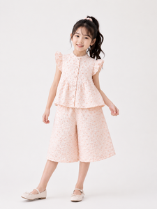 Conjunto de Top con Volantes Florales y Pantalones Cortos de Pierna Ancha para Niñas, Atuendo Dulce de 2 Piezas, Sin Mangas, Estilo Casual - Product Image 1