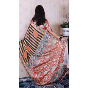 Sari en soie Tussar orange doux avec imprimé traditionnel rayé, tissage Zari, élégant foulard et châle traditionnel indien - Product Image 4