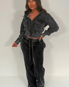 Conjunto de Sudadera con Capucha y Pantalones de Punto de Manga Larga para Mujer, de Algodón Lavado, Color Liso, Ajuste Holgado, Venta Caliente 2026 - Product Image 3