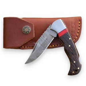 Cuchillos Plegables Hechos a Mano de Damasco con Mango de Madera, Bolster Metálico Decorativo, Funda de Cuero, Clip de Bolsillo y Hoja Afilada - Product Image 1