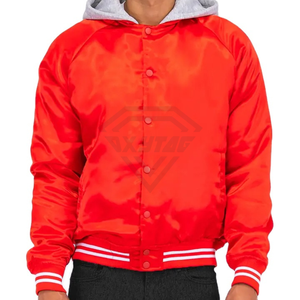 Chaqueta de béisbol informal de satén para hombre, de invierno, con capucha, de poliéster, con botones decorativos personalizados, tela de satén, chaqueta universitaria bordada. - Product Image 5