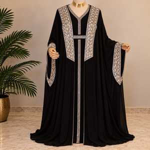 Designer <b>Kaftan</b> Dress for <b>Women</b> Elegant Arabic Abaya Style Long Flowing Maxi Gown with Sheer Sleeves Intricate Gold Silver - Product Image 3