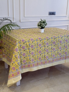 Nappe en coton pur à motifs floraux jaunes, imprimée au bloc, lavable, classique, pour la maison et la décoration de table - Product Image 3