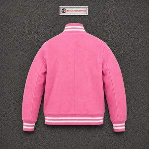 Chaqueta Varsity Premium de Lana Rosa para Hombre y Mujer, Chaqueta de Béisbol Personalizada con Letras, Cuello, Puños y Dobladillo Ribeteados con Rayas Blancas - Product Image 6