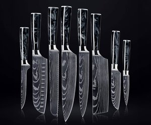 Cuchillo de Chef de Acero de Damasco de Grado Industrial SHARP POINT TRADES, 8 Pulgadas, Hoja Recta, Mango de Madera con Incrustaciones de Resina, Cambio Rápido - Product Image 1
