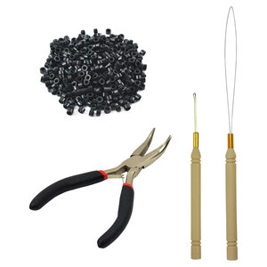 Kit d'outils professionnels pour extensions capillaires – Pince noire pour extensions, crochet de tirage, aiguille à boucle, applicateur de micro-perles et outil de retrait - Product Image 1