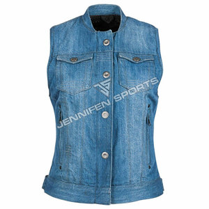 Chaleco de Motociclista sin Mangas para Mujer, 100% Tela Vaquera, Lavado Ácido, Cierre con Patrón a Cuadros, Personalizable, Prenda Exterior Tejida y Transpirable - Product Image 1