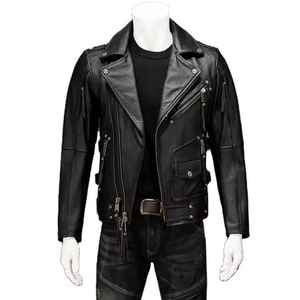 Chaqueta de Motocicleta de Cuero Genuino para Hombre, Cuello Camisero, Cierre de Cremallera, Corte Ajustado, Resistente al Viento, para Otoño - Product Image 4