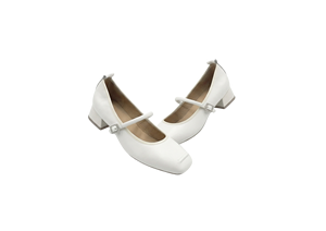 White PU Comfort Office Mary Jane Pumps with Buckle Strap Block <b>Heel</b> Pointed <b>Toe</b> All Seasons Women's Shoes - Product Image 4