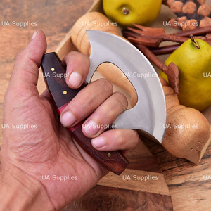 Luxury Handmade Ulu Chef <b>Knife</b> Stainless Steel Blade Custom Wooden <b>Handle</b> Curved Design Ambidextrous High-Polish Finish Leather - Product Image 2