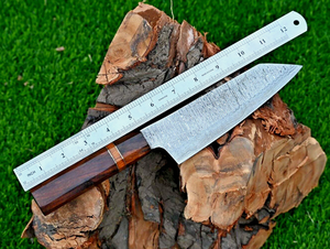 Custom Hand-Made Modern Damascus 12-inch <b>Kitchen</b> Chef <b>Knife</b> Bevel Edge Straight Back Razor <b>Sharp</b> Wood Handle Leather Sheath - Product Image 6