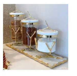 Suporte luxuoso de metal e ouro, recém-chegado, latas herméticas de vidro moderno e metal