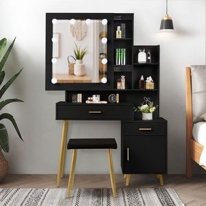 Modern <b>Dressing</b> Table Set 2 Drawers 1 Door 2 Shelves Mirror Cabinet 3 Light Bulbs Black-Triamine Veneer Particleboard Bedroom - Product Image 6