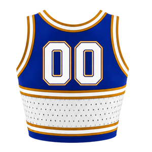 Haut court de cheerleading sans manches pour femme, bleu roi et or blanc, col en V, pour performance athlétique, uniforme d'équipe de cheerleading, compétition - Product Image 2
