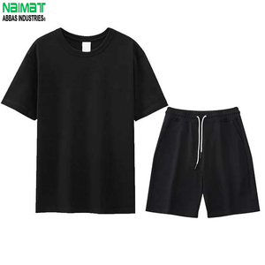 Conjunto de Camiseta Negra de Algodón para Hombre, Cuello Redondo, Color Sólido, Pantalones Cortos Casuales, 2 Piezas, Atuendo de Verano, Tejido de Punto - Product Image 1