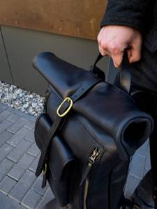 Organized <b>Leather</b> Roll Top <b>Backpack</b> Internal Mesh Pockets Rucksack For Accessories Real <b>Leather</b> Bag LRTB-0196 - Product Image 4